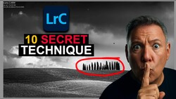 Screenshot of Lightroom Classic interface showing a black and white landscape with trees, promoting 10 secret techniques.