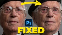 Screenshot of Photoshop interface showing before and after comparison of facial retouching with yellow arrow indicating correction.