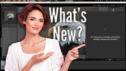 Screenshot of photo editing software showing a woman with reddish hair and text overlay reading 'What's New?' with a notification that AI processing is running.
