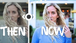 Side-by-side comparison showing a woman's portrait from two different time periods with a transition symbol between them.