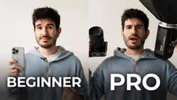 Side-by-side comparison of smartphone and professional camera photography setups labeled beginner and pro.
