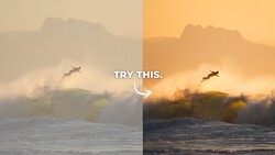 Side-by-side comparison of the same surfer and wave, with the left image showing muted, hazy tones and the right showing warm, golden color grading.