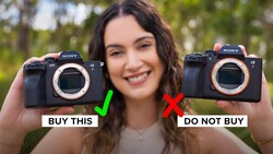 Two Sony Alpha mirrorless cameras held side-by-side, one marked with a green checkmark and one with a red X.