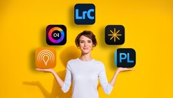 Woman in white shirt surrounded by photography and creative software app icons against yellow background.