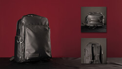 Black camera backpack displayed against burgundy background with detail shots showing interior organization
