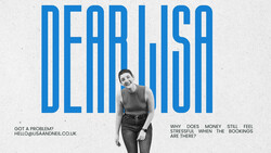 Graphic design poster featuring bold blue vertical stripes with a black and white portrait photograph of a woman centered between the text 'DEAR LISA'