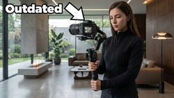 Woman operating a cinema camera mounted on a gimbal stabilizer in a modern living room