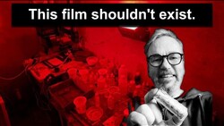 Graphic design with man in glasses against red background with text overlay