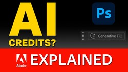 Graphic showing Photoshop Generative Fill feature with AI Credits question and Adobe branding