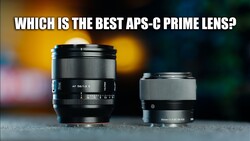 Meme graphic comparing two APS-C prime lenses with text overlay asking which is the best