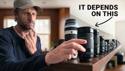 Photographer pointing to camera lens in collection with text 'IT DEPENDS ON THIS'