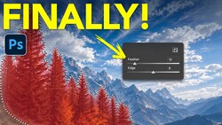 Screenshot showing Photoshop Feather and Edge slider controls overlaid on autumn larch trees in mountain landscape