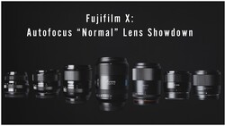 Row of eight Fujifilm X-mount autofocus normal lenses arranged in ascending size order against a black background