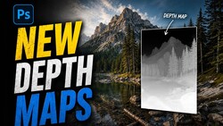 Graphic showcasing Photoshop's new depth maps feature with a mountain landscape photo and grayscale depth map preview