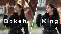Side-by-side comparison showing bokeh versus king effect on portrait of woman on swing