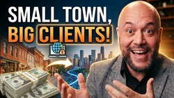 Graphic illustration featuring enthusiastic man promoting small town business growth with big city clients