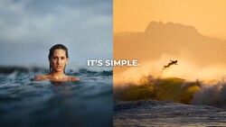 Split-screen comparison showing woman in ocean water on left and surfer riding wave at sunset on right, with text overlay reading 'IT'S SIMPLE'