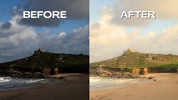 Before and after comparison of coastal beach scene with castle ruins on hillside