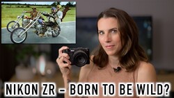 Woman holding Nikon ZR camera with inset image of motorcycle stunts