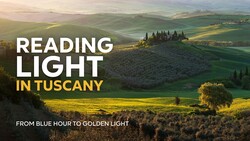 Rolling Tuscan hills at golden hour with cypress trees and a hilltop villa