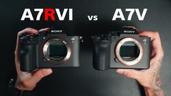 Comparison graphic of two Sony Alpha cameras held side-by-side showing A7RVI and A7V models