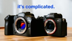 Canon EOS R6 and Sony α7 mirrorless cameras positioned side-by-side with text overlay reading 'it's complicated.'