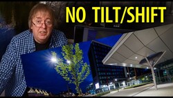 Photographer demonstrating nighttime architectural lighting technique with illuminated tree