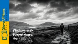Solitary figure walking on a stone path through a moorland valley under dramatic storm clouds