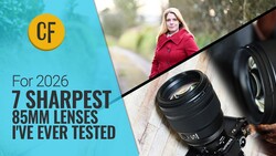 Composite graphic showing a blonde woman in red jacket outdoors and a black 85mm camera lens with text about 2026 lens reviews