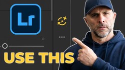 Screenshot of Adobe Lightroom interface with a man in a navy cap pointing at the screen