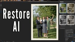 Screenshot of Restore AI software interface showing photo restoration examples with before-and-after filter options