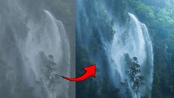 Before and after comparison of waterfall photo editing, showing enhanced color and contrast