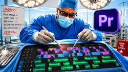 Surgeon in operating room holding tweezers over video editing timeline, Adobe Premiere Pro logo visible