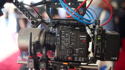 Canon C200 cinema camera mounted on rig with wireless follow focus and audio equipment