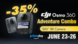 DJI Osmo 360 Adventure Combo promotional graphic showing two compact action cameras with 360° 8K capability and Prime Day discount details