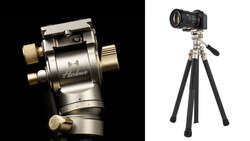 Hanlace fluid head tripod mount with brass handles shown in profile against black background, paired with camera on tripod rig