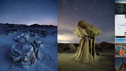 Composite of three nighttime landscape photographs showcasing different desert and geological formations under starry skies