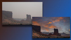 Desert landscape with towering rock formations at sunset and overcast dawn