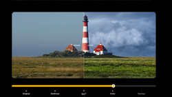 Split-screen comparison of a red and white striped lighthouse with keeper's houses, showing before and after color correction