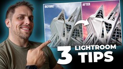 Graphic showing before and after architectural photos with Lightroom editing tips overlay