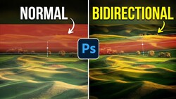 Side-by-side comparison graphic showing normal vs. bidirectional effects in Photoshop on landscape image