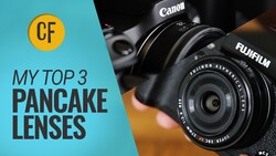 Canon camera with Fujifilm lens held in hands against turquoise and yellow background with CF logo