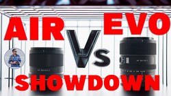 Graphic comparing two camera lenses labeled AIR and EVO with large VS text between them