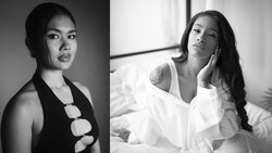Black and white diptych portrait showing woman in contrasting poses and styling