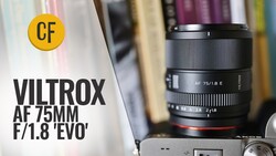 Viltrox AF 75mm f/1.8 'EVO' lens mounted on camera with yellow CF badge visible