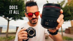 Photographer holding Canon RF 24-105mm lens and camera body, wearing red-tinted sunglasses with "Does It All" text overlay