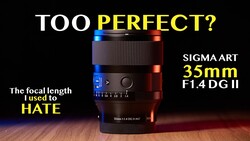 Sigma Art 35mm F1.4 DG II lens on wooden surface with blue and red accent lighting