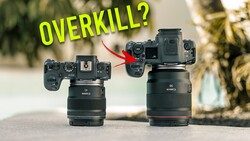 Two Canon cameras with lenses displayed side-by-side, with larger camera marked by arrow and yellow "OVERKILL?" text