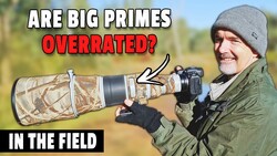 Meme graphic featuring photographer with telephoto lens discussing whether big prime lenses are overrated