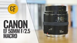 Canon EF 50mm f/2.5 Macro lens displayed with product branding and yellow CF logo